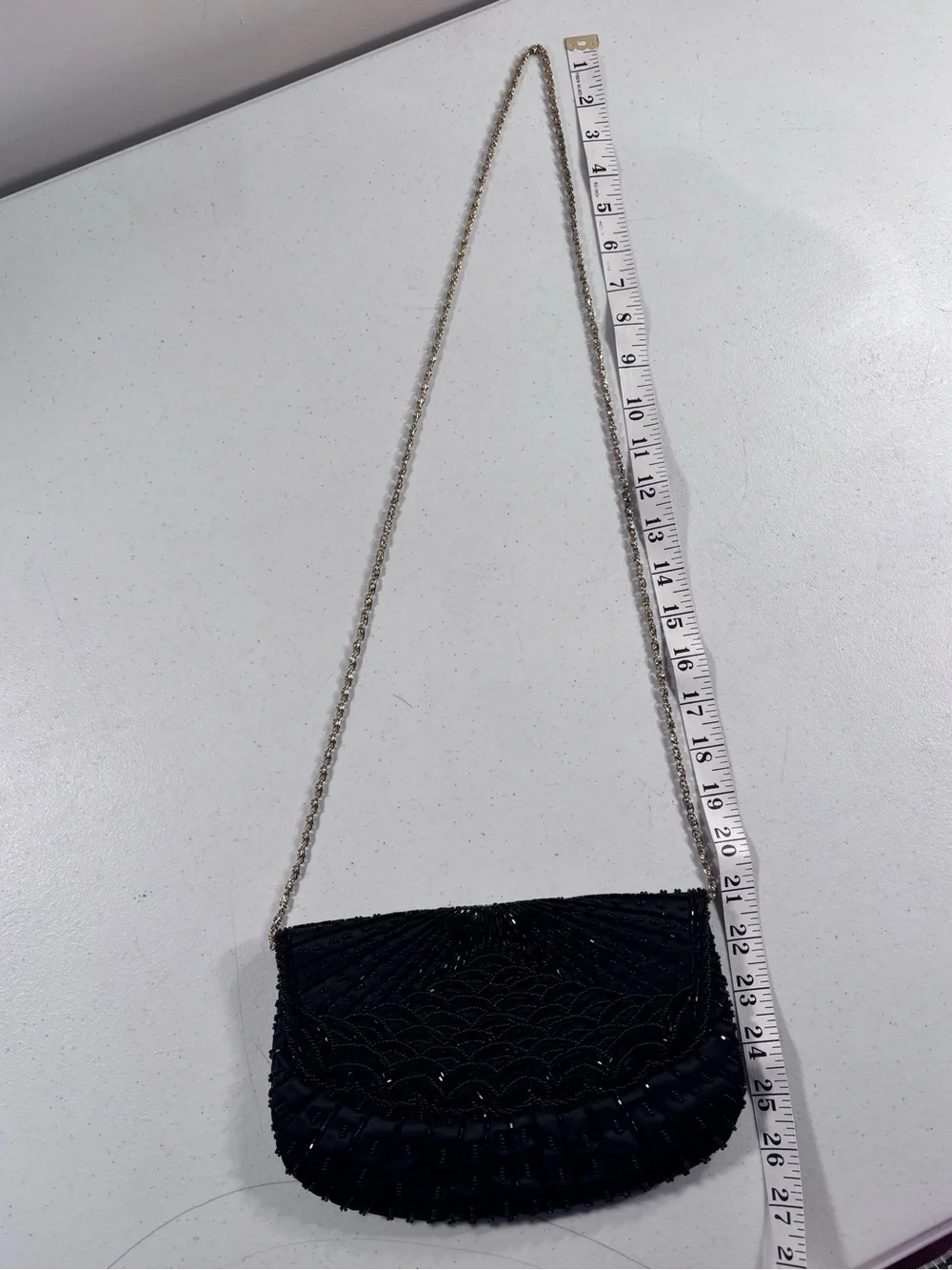 Black Beaded Evening Clutch with Gold Chain Strap